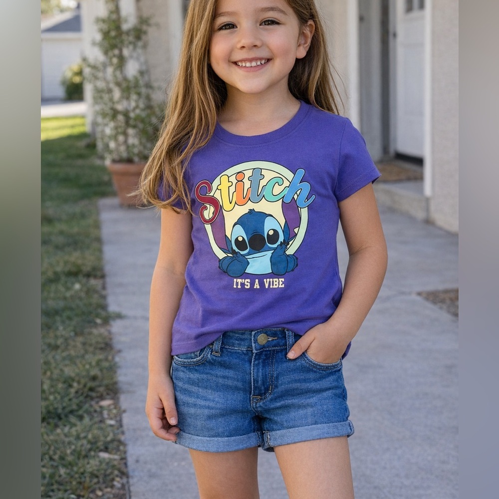 Disney Girl’s Stitch Graphic Tee Purple Short Sleeve Cute Cartoon Shirt Size S
